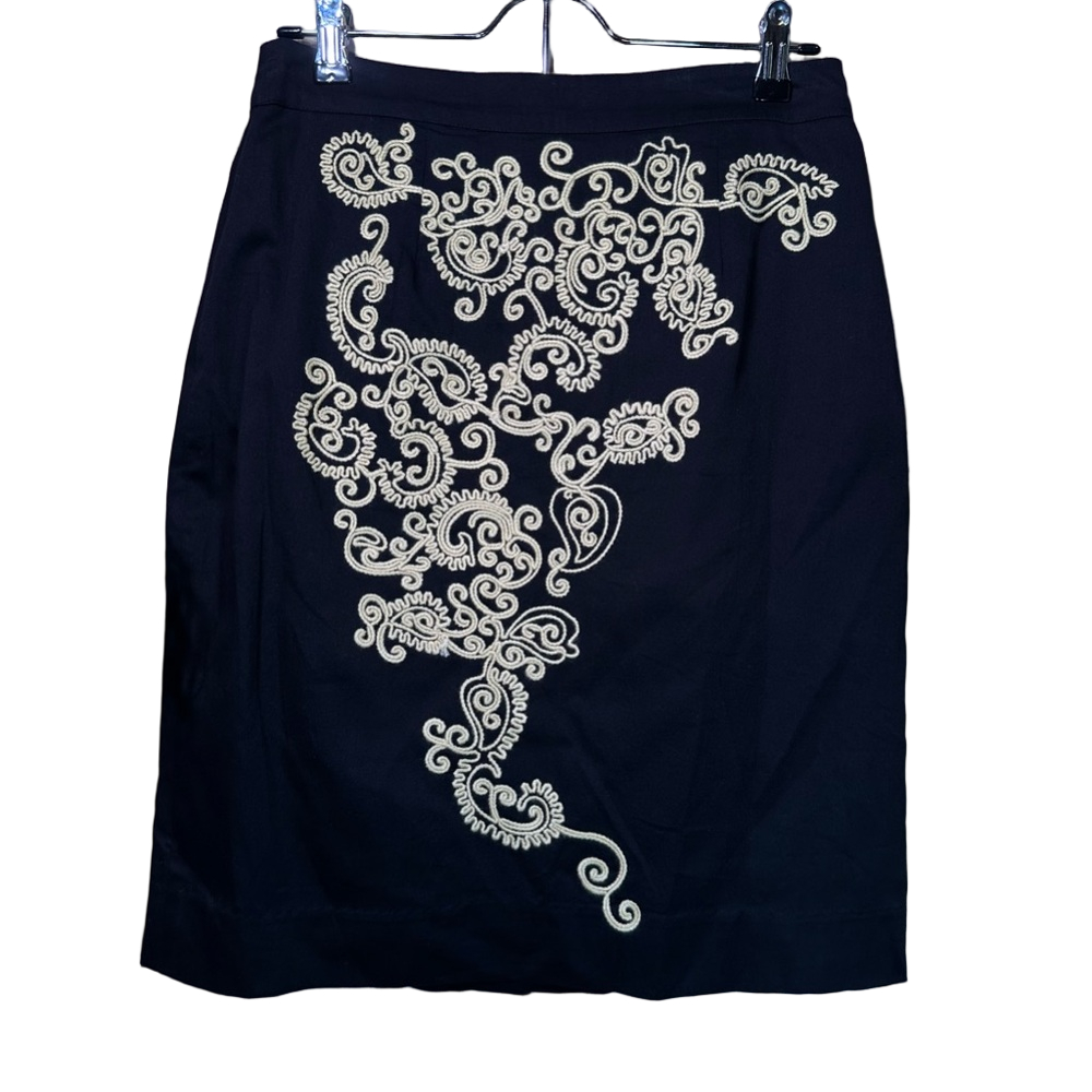 Anthropologie Floreat Black With Tan Embroidery Cotton Skirt Size 4